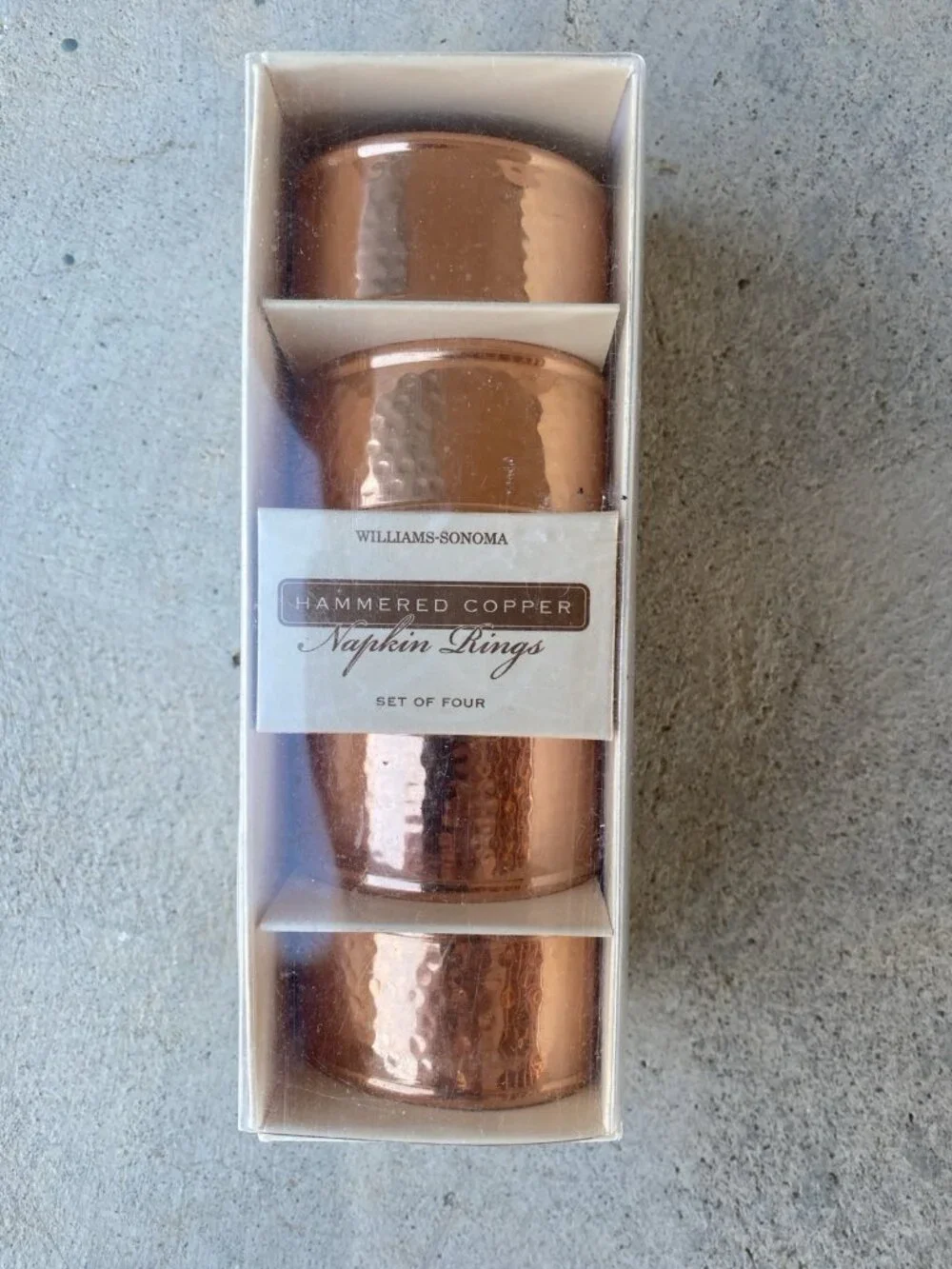 4 Williams Sonoma Vintage Hammered Copper Napkin Rings